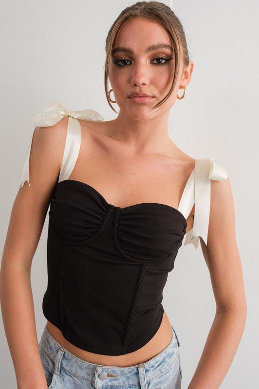 Black Satin Ribbon Strap Detail Corset Top - STYLED BY ALX COUTUREShirts & Tops