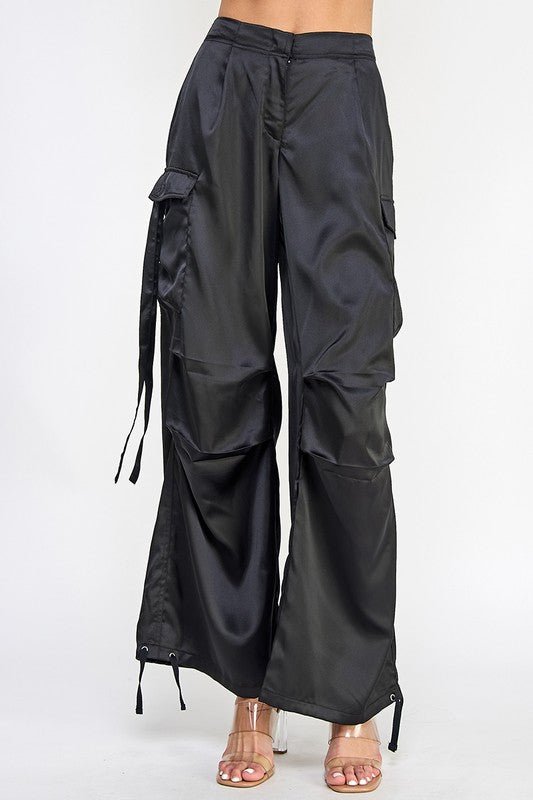 Black Satin Utility Cargo Pants - STYLED BY ALX COUTUREPANTS