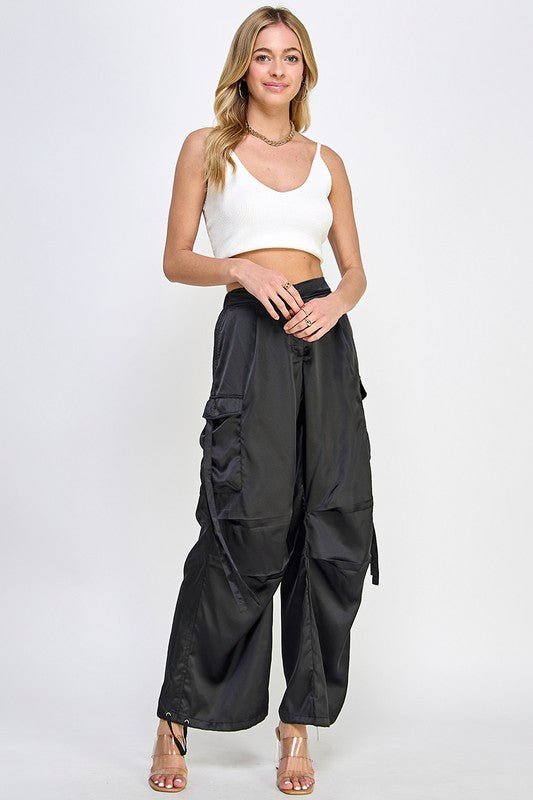 Black Satin Utility Cargo Pants - STYLED BY ALX COUTUREPANTS