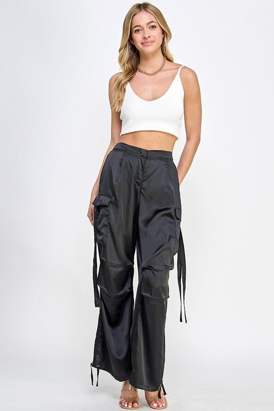 Black Satin Utility Cargo Pants - STYLED BY ALX COUTUREPANTS