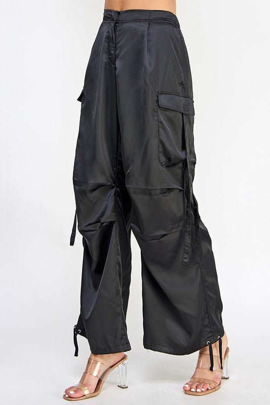 Black Satin Utility Cargo Pants - STYLED BY ALX COUTUREPANTS