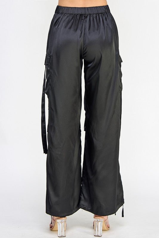 Black Satin Utility Cargo Pants - STYLED BY ALX COUTUREPANTS