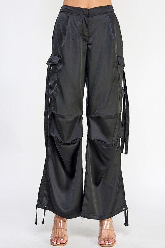 Black Satin Utility Cargo Pants - STYLED BY ALX COUTUREPANTS