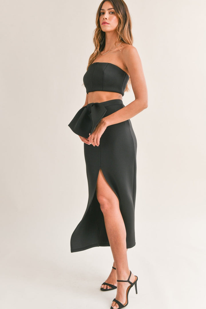 Black Scuba Tube Crop Top Ribbon Midi Skirt - STYLED BY ALX COUTUREOutfit Sets