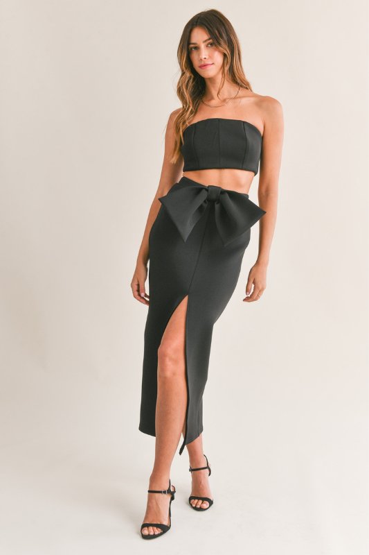 Black Scuba Tube Crop Top Ribbon Midi Skirt - STYLED BY ALX COUTUREOutfit Sets