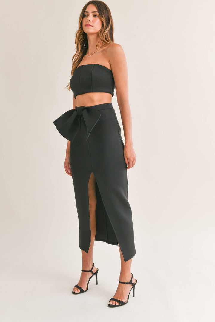 Black Scuba Tube Crop Top Ribbon Midi Skirt - STYLED BY ALX COUTUREOutfit Sets