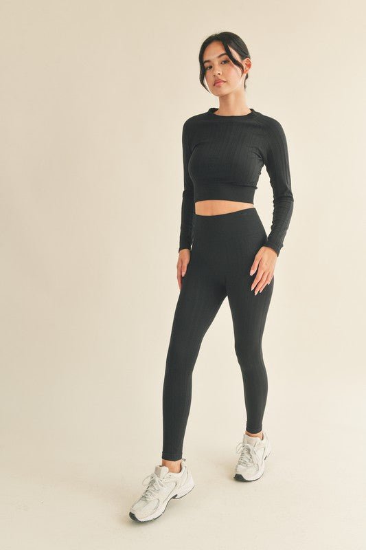 Black Seamless Cable Knit Long Sleeve Top & Legging Set - STYLED BY ALX COUTUREOutfit Sets