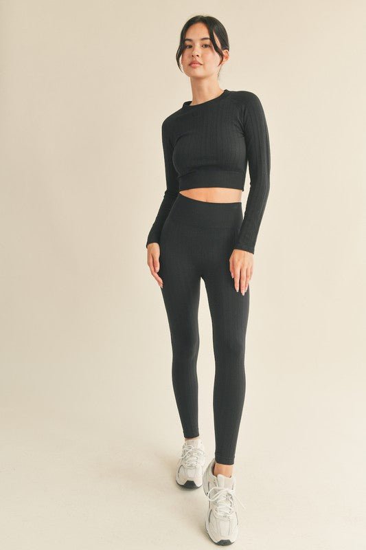 Black Seamless Cable Knit Long Sleeve Top & Legging Set - STYLED BY ALX COUTUREOutfit Sets