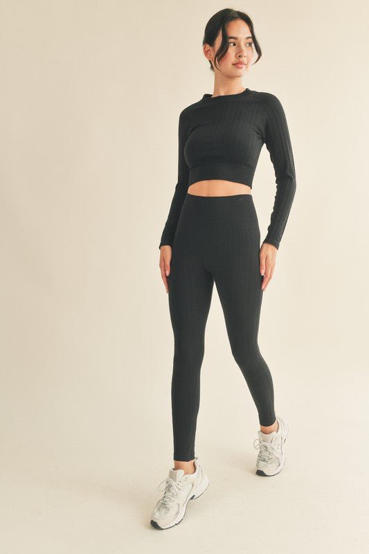 Black Seamless Cable Knit Long Sleeve Top & Legging Set - STYLED BY ALX COUTUREOutfit Sets