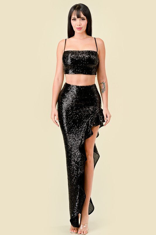 Black Sequin Cami Crop Top Maxi Skirt Two Piece Set STYLED BY ALX COUTURE