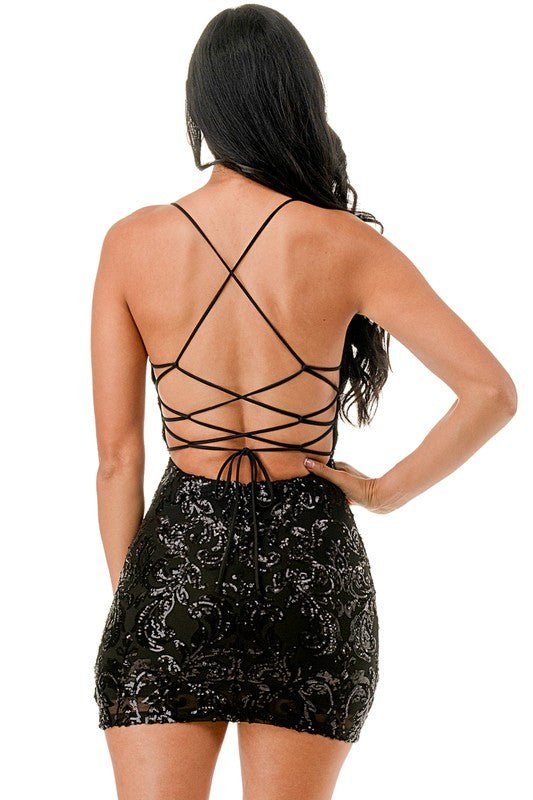 Black Sequin Cowl Neck High Thigh Slit Mini Dress - STYLED BY ALX COUTUREDresses