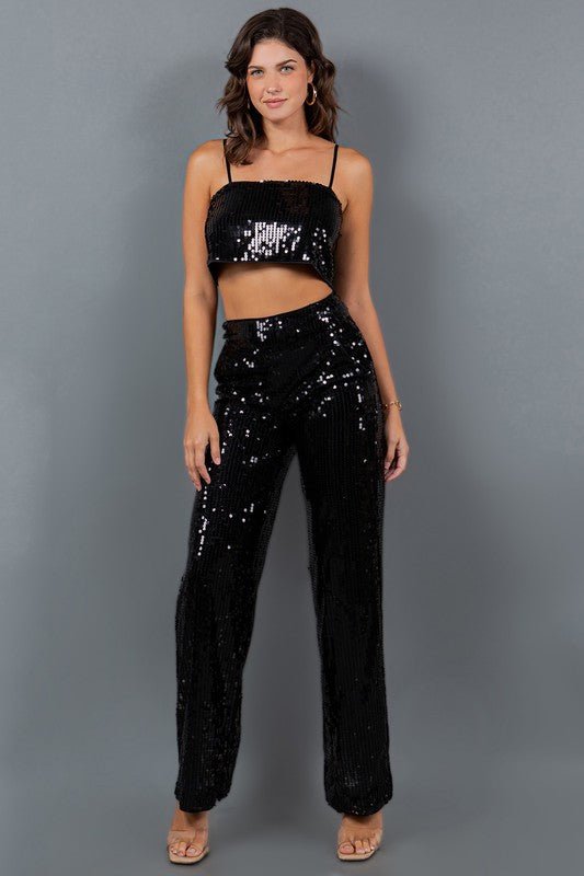 Black Sequin Crop Top Straight Leg High Waisted Pants Set - STYLED BY ALX COUTUREOutfit Sets