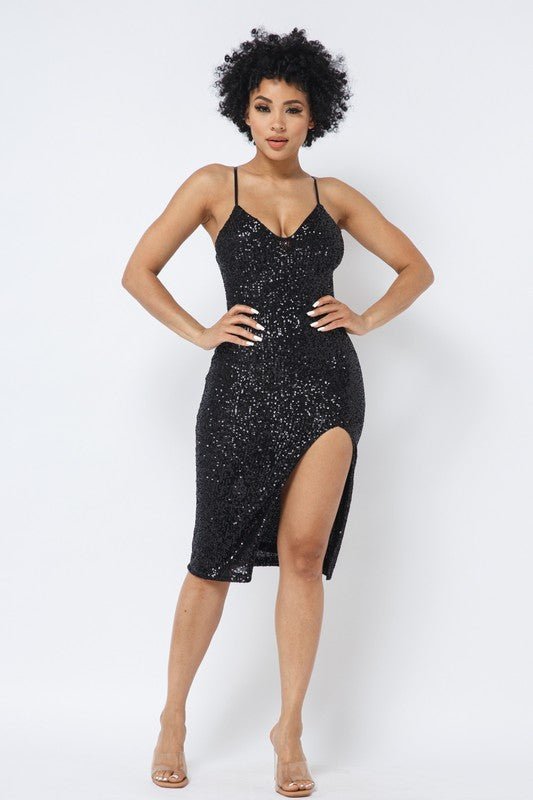 Black Sequin Slit Midi Dress - STYLED BY ALX COUTUREDresses