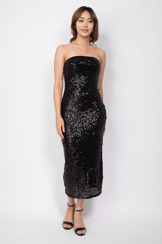 Black Sequin Tube Bodycon Midi Dress - STYLED BY ALX COUTUREDresses