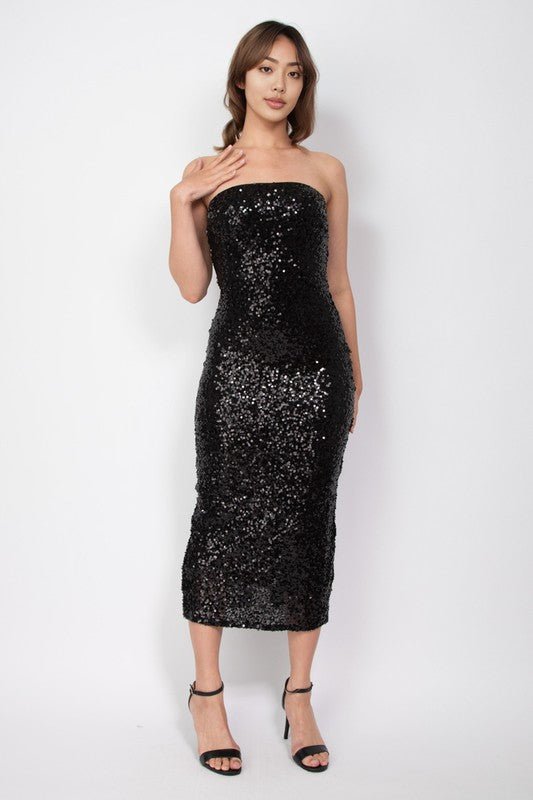 Black Sequin Tube Bodycon Midi Dress - STYLED BY ALX COUTUREDresses