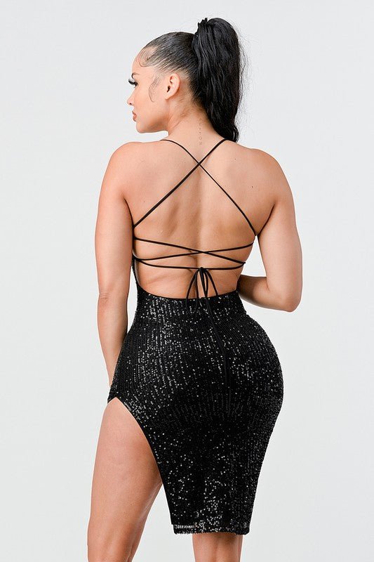 Black Sexy Sequins Drawstring Lace Up Back Mini Dress - STYLED BY ALX COUTUREDRESS