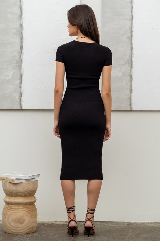 Black Short Sleeve Rib Midi Dress - STYLED BY ALX COUTUREDRESS