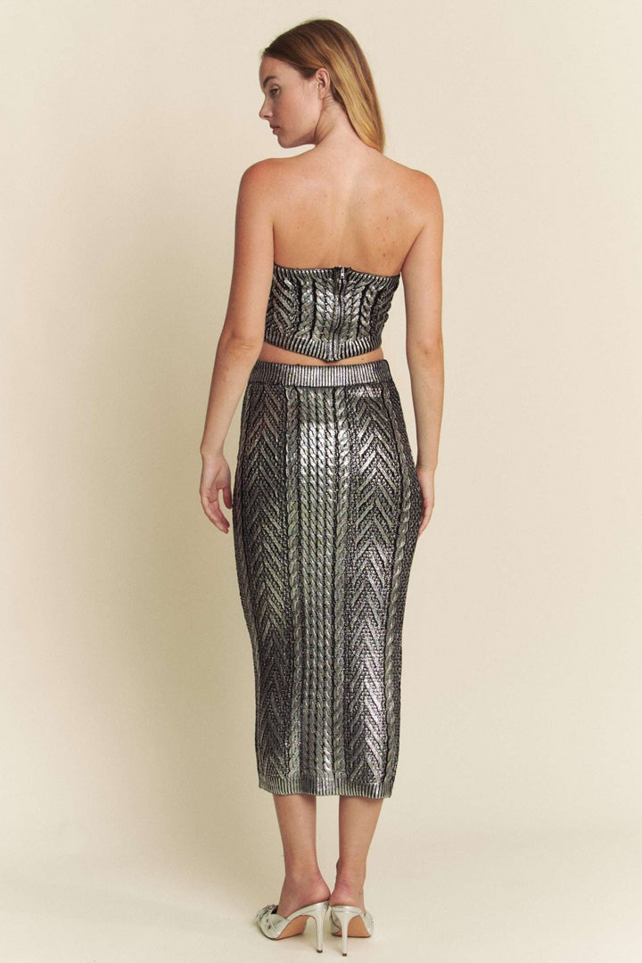 Black Silver Tube Cable Knit Top With Midi Skirt Foil Set - STYLED BY ALX COUTUREOutfit Sets