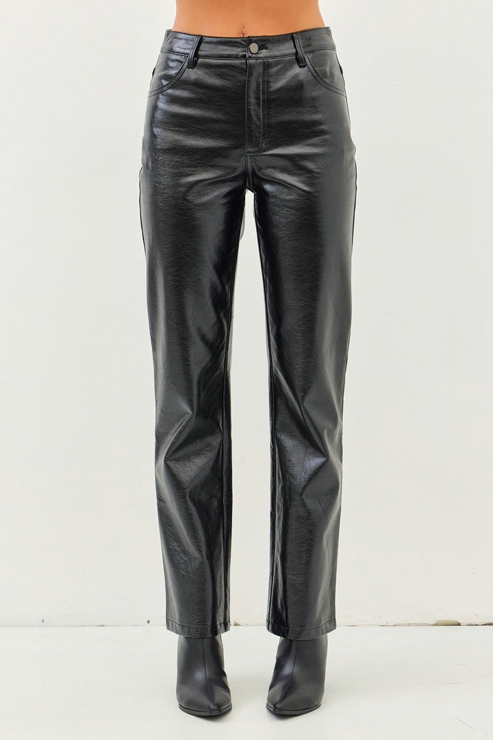 Black Sleek Metallic Straight Pants with Pockets - STYLED BY ALX COUTUREPants