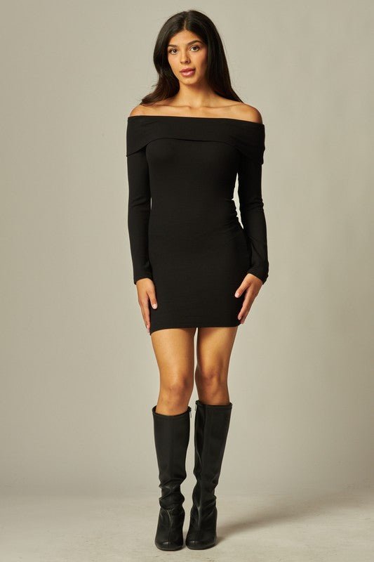 Black Soft Ribbed Knit Off Shoulder Dress - STYLED BY ALX COUTUREDresses