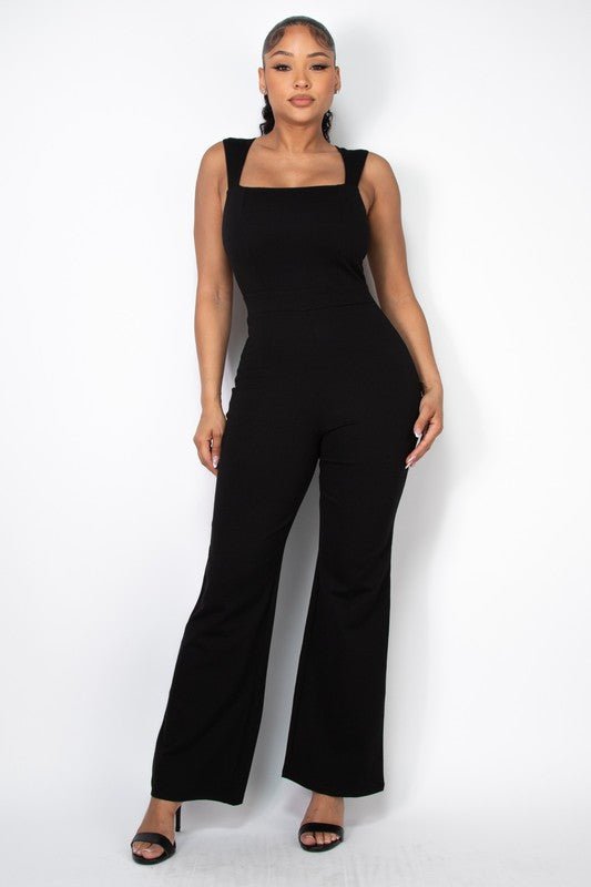 Black Square Solid Wide Leg Zippered Jumpsuit - STYLED BY ALX COUTUREJumpsuits & Rompers