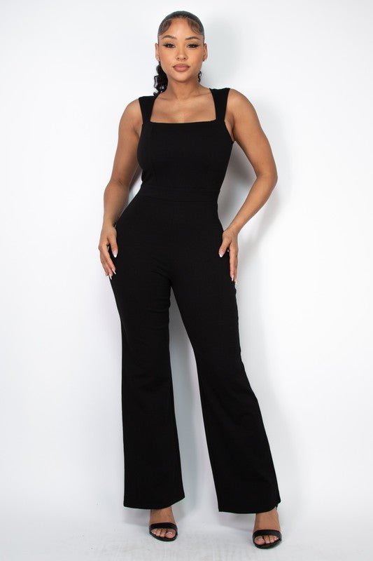 Black Square Solid Wide Leg Zippered Jumpsuit - STYLED BY ALX COUTUREJumpsuits & Rompers