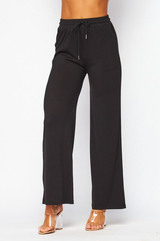 Black Stretchy Ribbed Drawstring Pocket Wide Leg Pants - STYLED BY ALX COUTUREPANTS