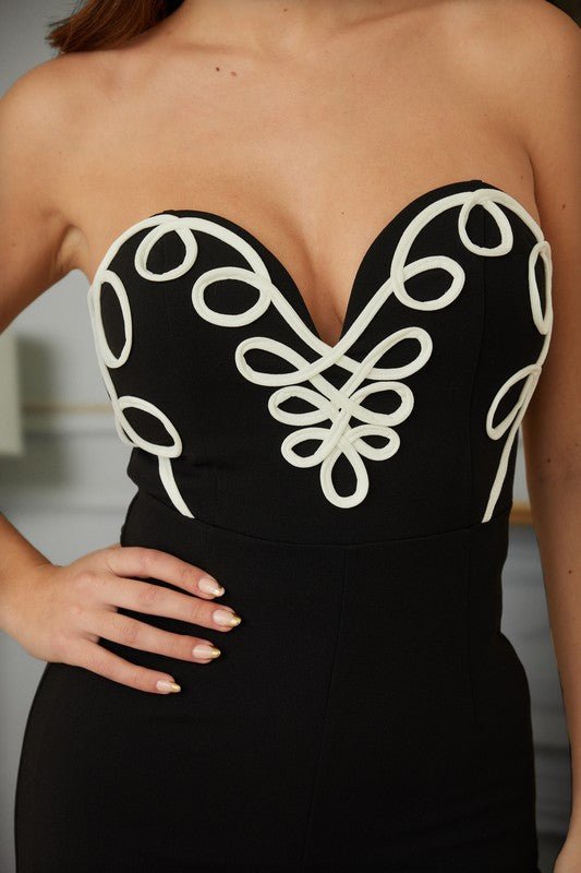 Black White Loop Swirl Design Curved V Strapless Jumpsuit - STYLED BY ALX COUTUREJumpsuits & Rompers