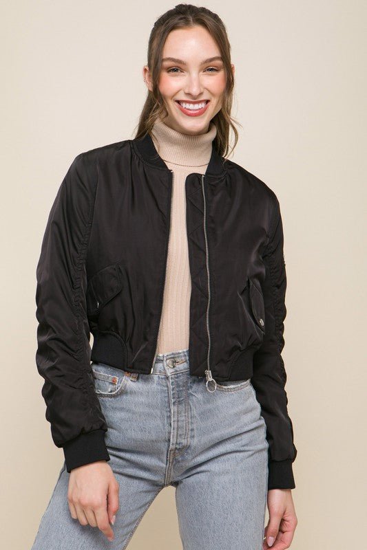 Black Zip Up Bomber Jacket With Sleeve Zipper Detail - STYLED BY ALX COUTURECoats & Jackets