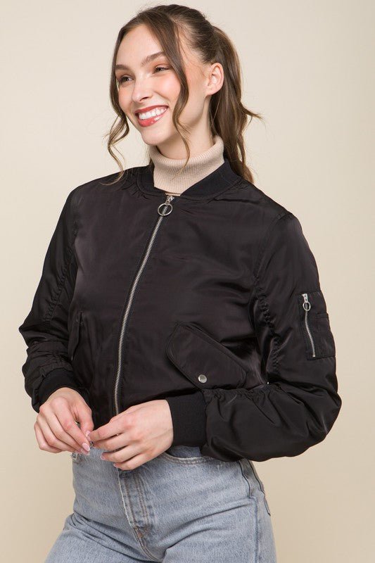 Black Zip Up Bomber Jacket With Sleeve Zipper Detail - STYLED BY ALX COUTURECoats & Jackets