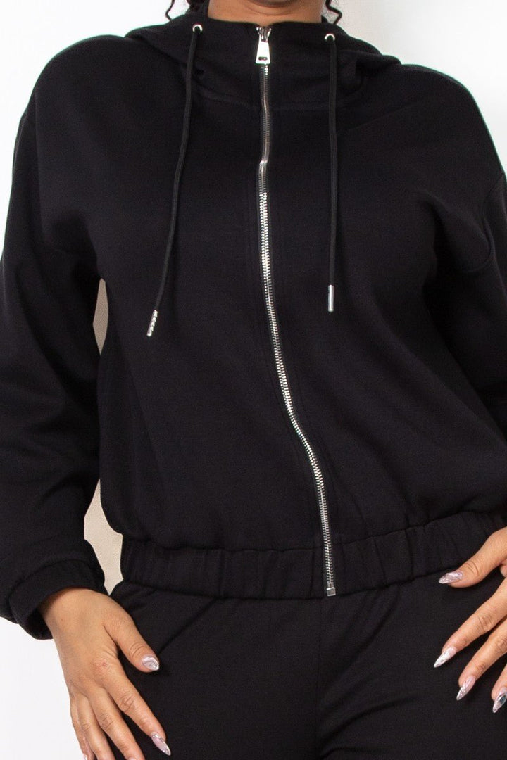 Black Zip - Up Hoodie Drawstring Jacket - STYLED BY ALX COUTURECoats & Jackets