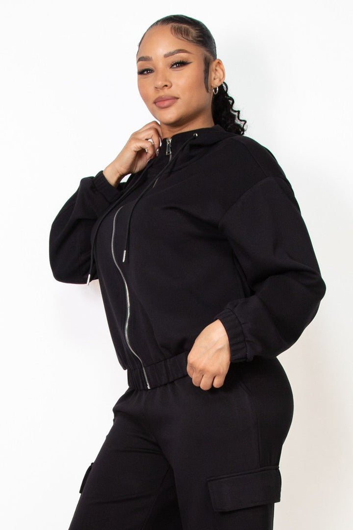 Black Zip - Up Hoodie Drawstring Jacket - STYLED BY ALX COUTURECoats & Jackets