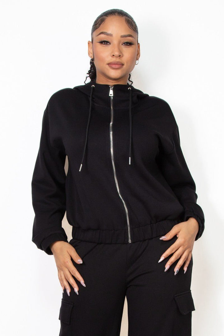 Black Zip - Up Hoodie Drawstring Jacket - STYLED BY ALX COUTURECoats & Jackets