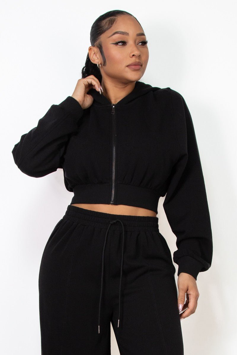 Black Zip - Up Hoodie Solid Crop Jacket - STYLED BY ALX COUTURESWEATERS