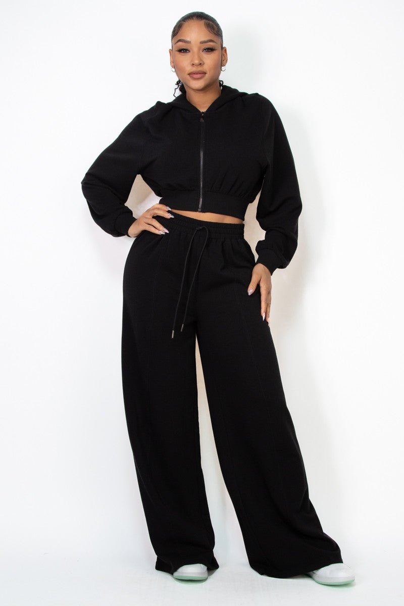 Black Zip - Up Hoodie Solid Crop Jacket - STYLED BY ALX COUTURESWEATERS