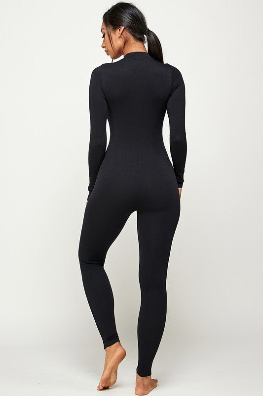 Black Zipper Center Long Sleeve Seamless Jumpsuit - STYLED BY ALX COUTUREJumpsuits & Rompers