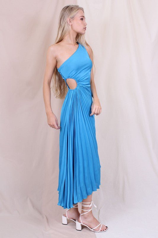 Blue Asymmetric One Shoulder Cutout Pleated Dress - STYLED BY ALX COUTUREDRESSES