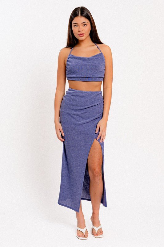 Blue Cowl Neck Halter Top - STYLED BY ALX COUTUREOutfit Sets