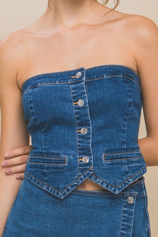 Blue Denim Strapless Button - Up Crop Top - STYLED BY ALX COUTUREShirts & Tops