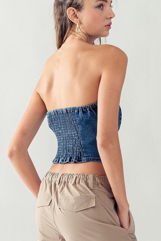 Blue Denim Strapless Button - Up Crop Top - STYLED BY ALX COUTUREShirts & Tops