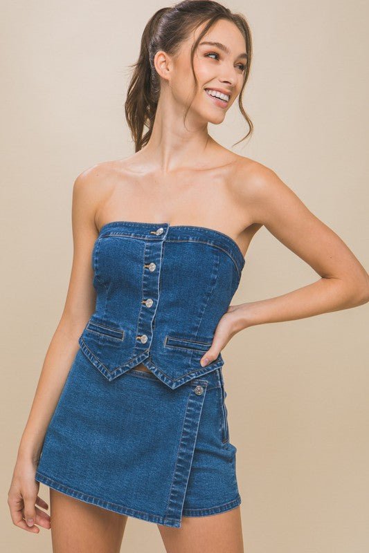 Blue Denim Strapless Button - Up Crop Top - STYLED BY ALX COUTUREShirts & Tops