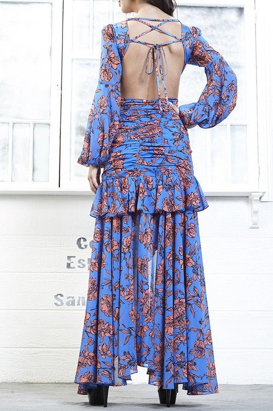 Blue Floral Cutout Bodysuit Skirt Set - STYLED BY ALX COUTUREOutfit Sets