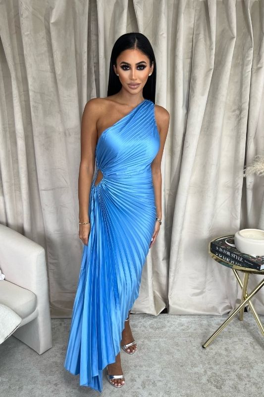 Blue Olympia Asymmetrical Pleated Maxi Dress - STYLED BY ALX COUTUREDRESSES