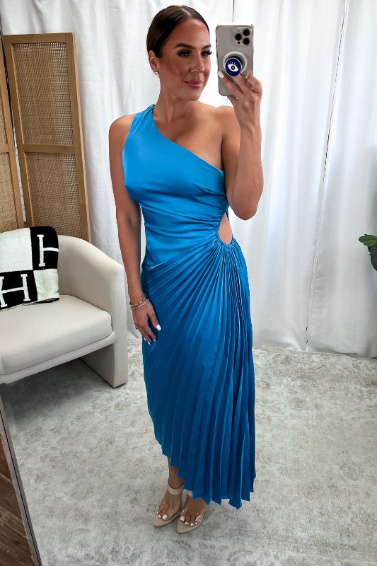 Blue Olympia Asymmetrical Pleated Maxi Dress - STYLED BY ALX COUTUREDRESSES