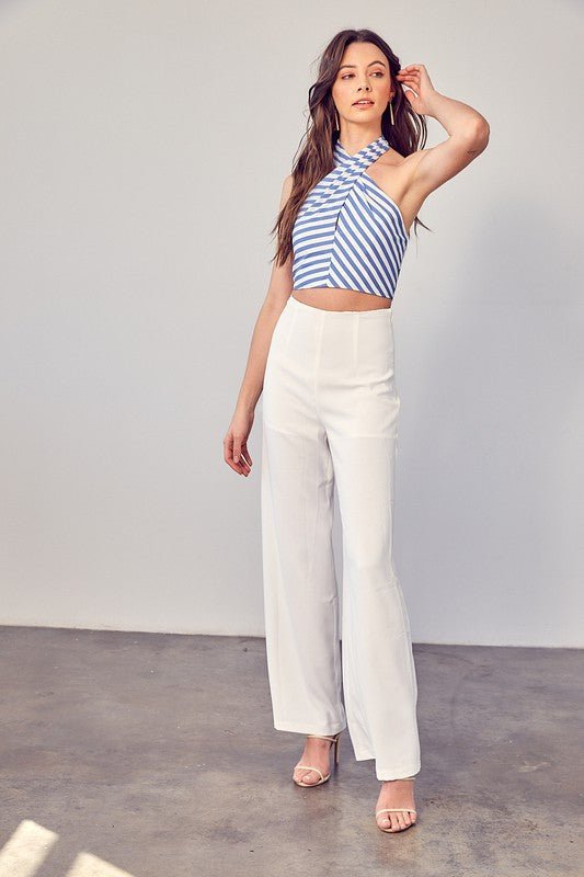 Blue Striped Cross Neck Tie Crop Top - STYLED BY ALX COUTUREShirts & Tops