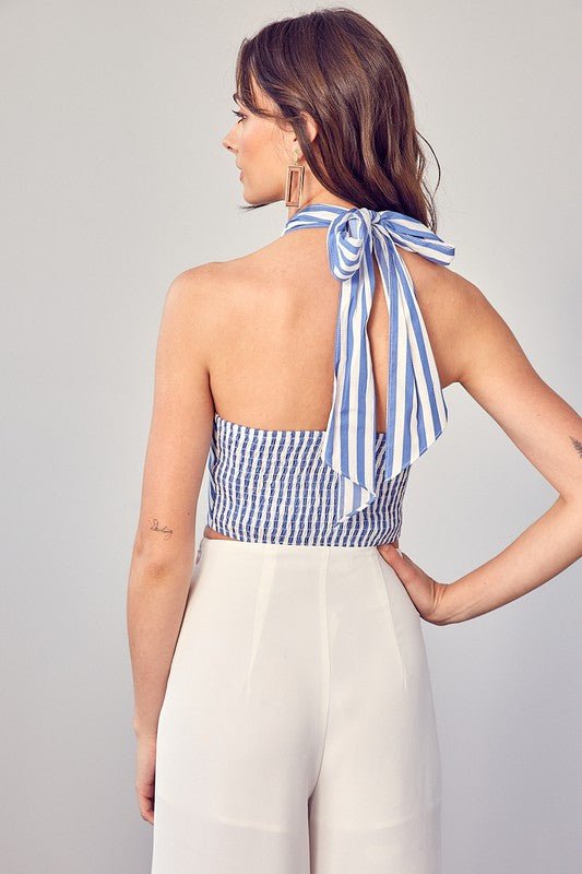 Blue Striped Cross Neck Tie Crop Top - STYLED BY ALX COUTUREShirts & Tops