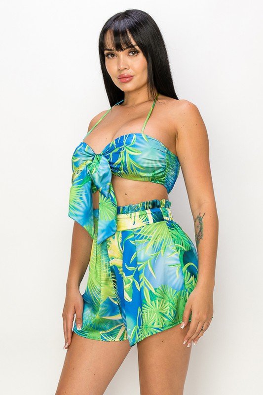 Blue Tropical Tie Bra Short Set - STYLED BY ALX COUTUREOutfit Sets