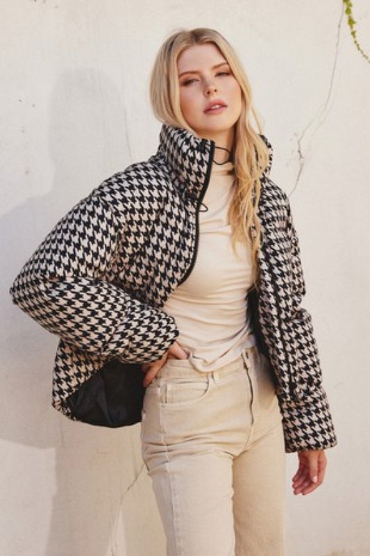 Bone Black Houndstooth Stand Collar Puffer Jacket - STYLED BY ALX COUTURECoats & Jackets