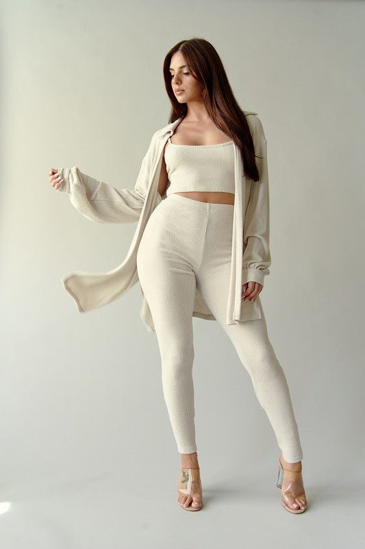 Bone Set Three Piece Soft Cashmere Rib Pants Set - STYLED BY ALX COUTUREOutfit Sets