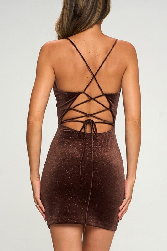 Brown Cowl Neck Glitter Mini Dress - STYLED BY ALX COUTUREDresses